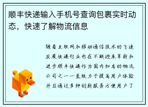 顺丰快递输入手机号查询包裹实时动态,快速了解物流信息